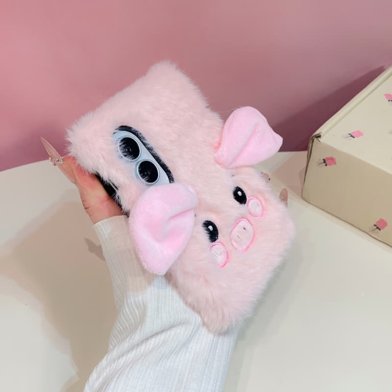 Kawaii Cartoon Plush Pig Phone Case For Samsung Z Fold 8 Ultra 7 6 5 4 ZFold8 Fold7 Fold6 Cover with Chain Fur Fluffy Cute Cases
