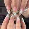 24Pcs Nude Pink Gradient French Tip Press On Nails Mid Length Almond Shape With Pearl Gold Chain Polka Dot False Nail Tips