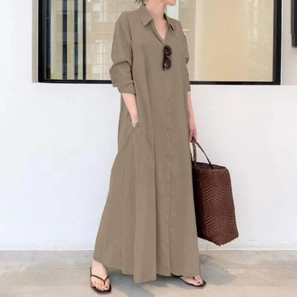 Women's Long Sleeve Lapel Button Down Maxi Shirt Dress with Pockets Loose Fit Casual Style for Everyday Wear
