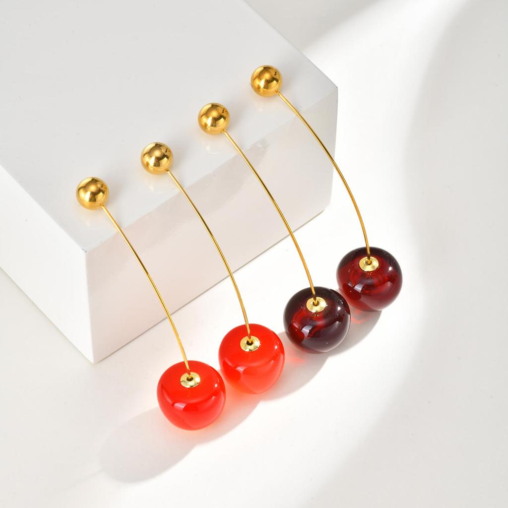 Chic Solid Beads Cherry Earrings for Women,Gold Plated Stainless Steel Earrings,Trendy Party Jewelry Mother's Day Gift
