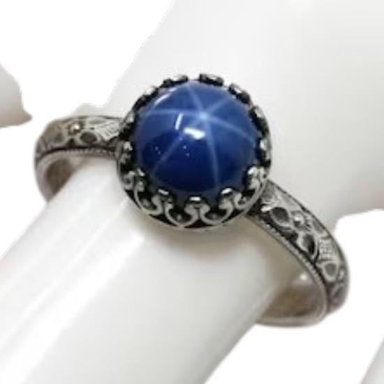 Blue Star Sapphire Ring Symmetrical Flower Crown - 8 mm Lab Created Gemstone, 925 Sterling Silver, Designer Ring For Her