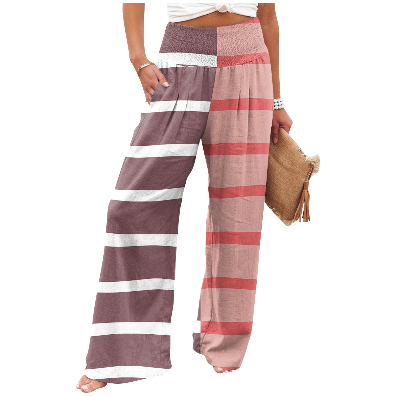 

Women s Summer Elastic Waist Striped Printed Cotton And Linen Loose Trousers S Кіновар