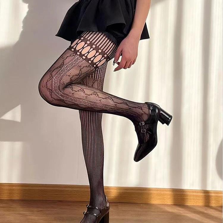 Sexy Fishnet Lace Stockings with Vertical Stripes & Heart Patchwork
