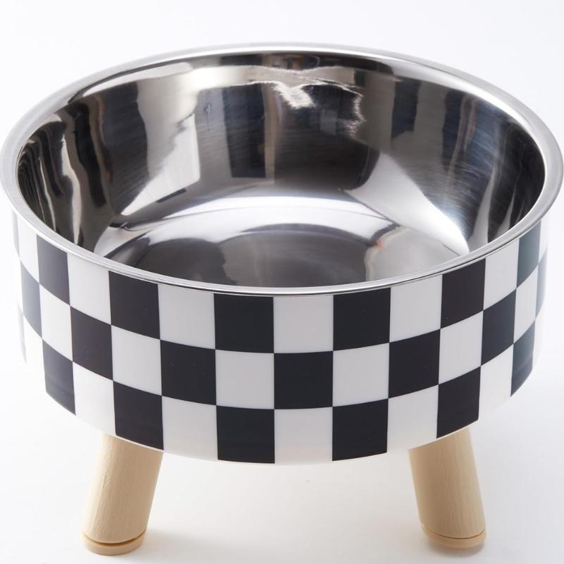 Elevated Dog Bowl Stand With Feeders Dishes For Most Dog Size Checkered Print Food Dish Stainless Steel