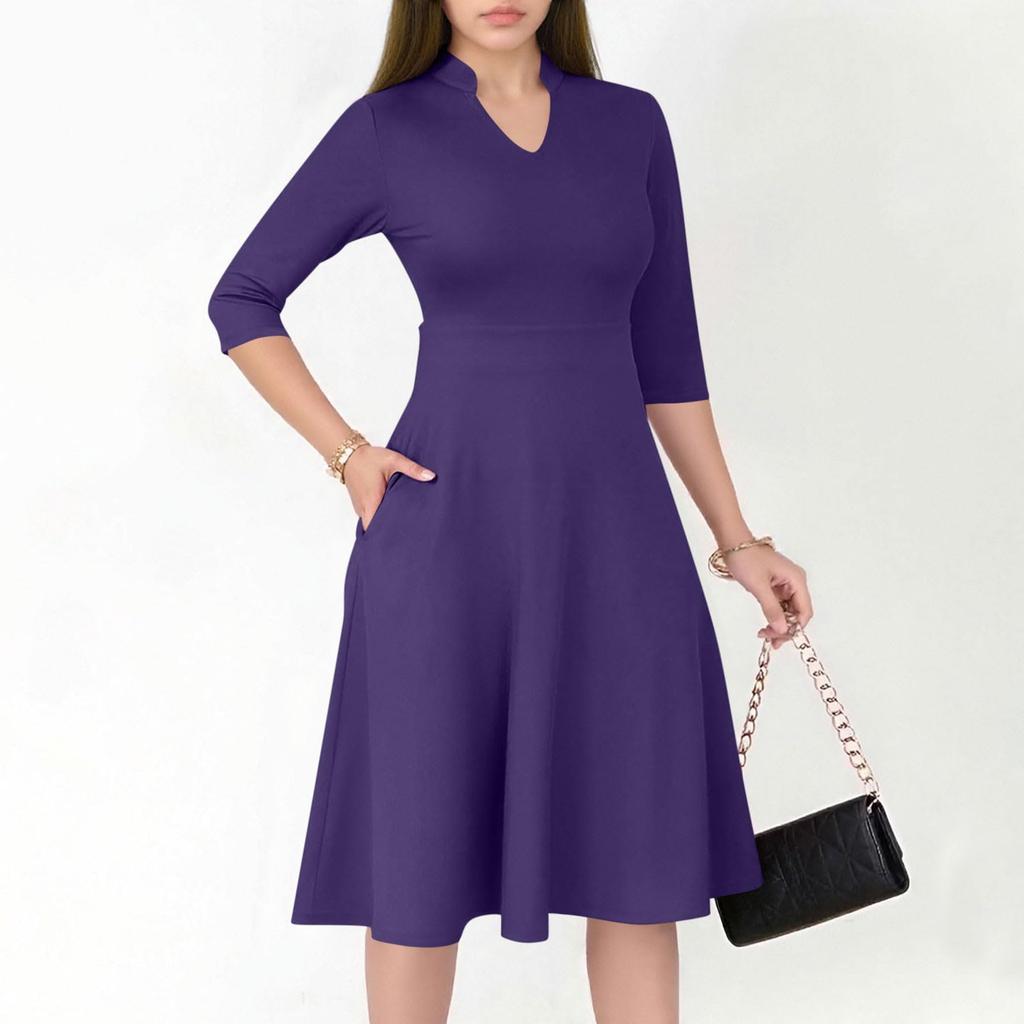 Women's Fashion V,Neck Three,Quarter Sleeve Church Work Dress With Pockets In Color