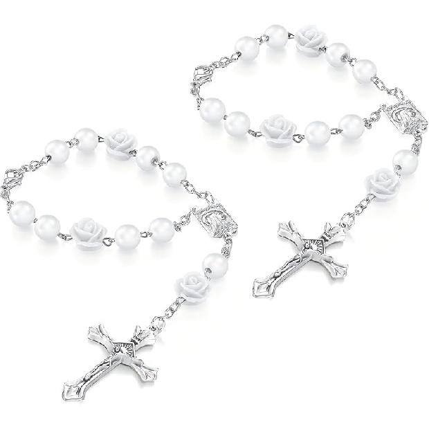 2PCS Car Rose Rosary for Rearview Mirror, Cross Blessing Rear View Mirror Hanging Decors, Auto Interior Hanging Accessories for SUV, Sedan, Truck