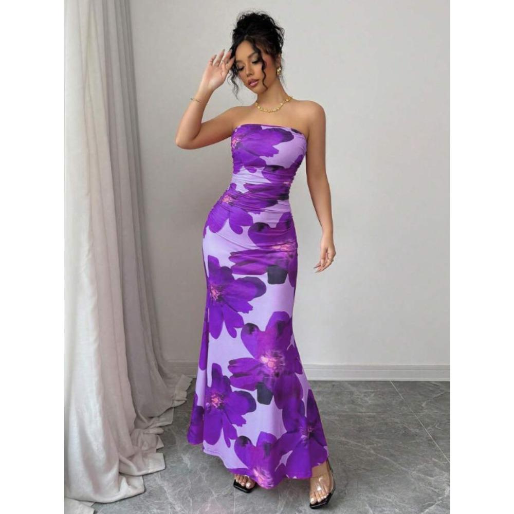 Women's Strapless Sleeveless Mermaid Maxi Dress Slim Elastic Waist Tropical Floral Milk Silk Micro Elastic Backless Party Evening Long Dress