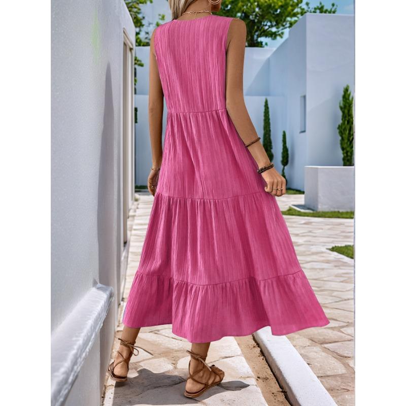 VEZFAA Women's Fashion Summer Spring Solid Color Print Sleeveless V-Neck Loose Waistline Casual Dresses