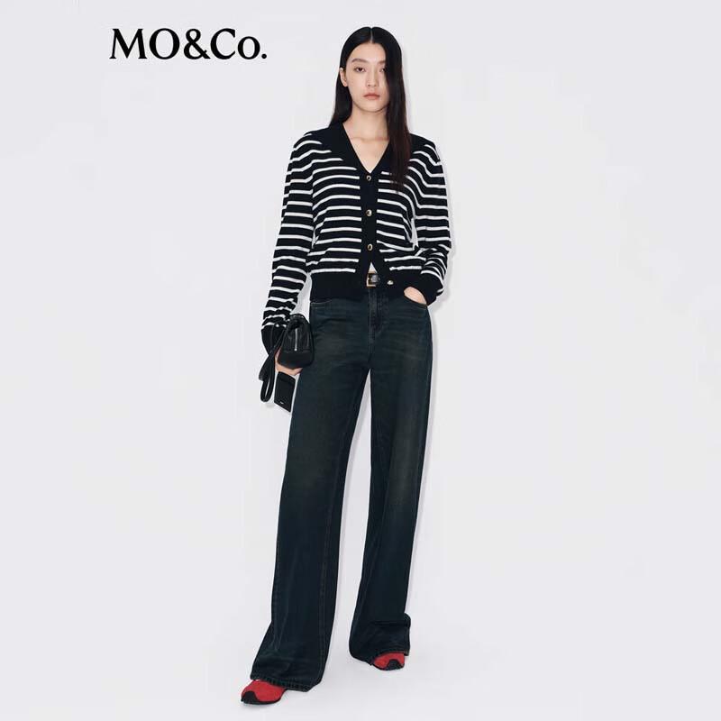 MO&Co. Women's Short Lapel Striped Knit Cardigan