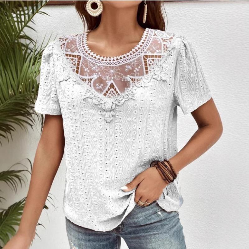 Nuova Blusa Estiva con Inserti in Pizzo da Donna Camicie Scollo Tondo Traforate Top alla Moda Manica Corta Colore Unito Dolce Abbigliamento Largo Elegante