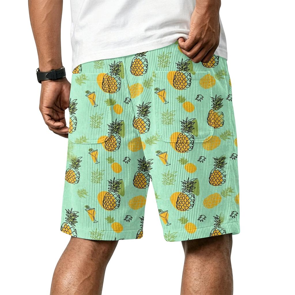 Men's Casual Corduroy Drawstring Shorts Hawaiian Style Tropical Leaf Print Lightweight Comfortable Fit