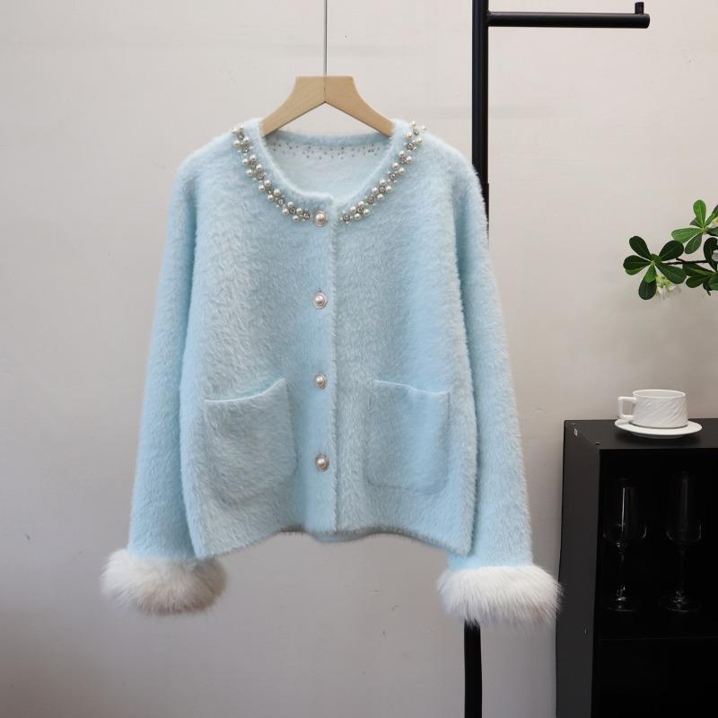 

Осень новый вязаный кардиган из имитации норки, мягкий, восковой, свободного дизайна, свитер-жакет женский one size fits all синий