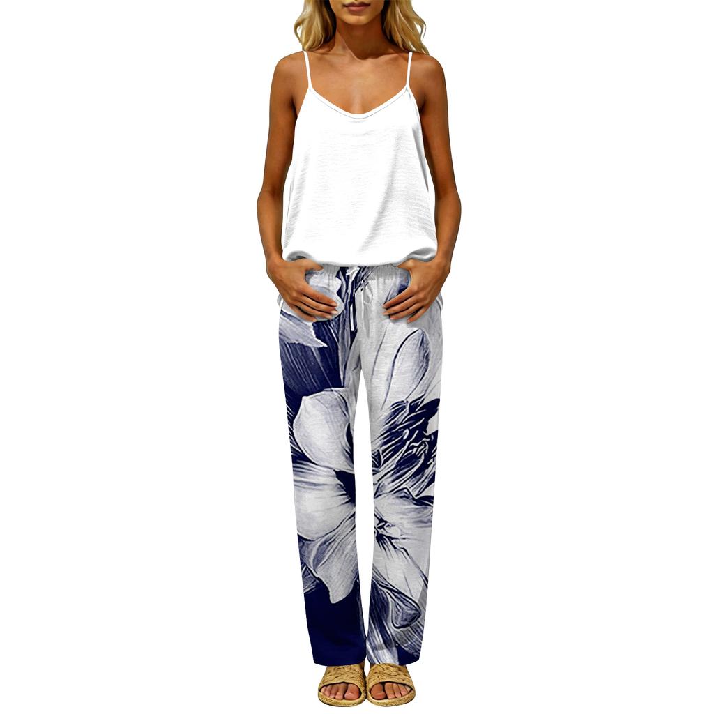 Women's 2 Piece Outfit Set, Casual Backless Sleeveless Top with Elastic Waist Long Pants, Suit No Pockets