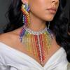Vintage Rhinestone Crystal Necklace Shiny Ear Studs Luxury Rainbow Tassel Jewelry Set  Girls