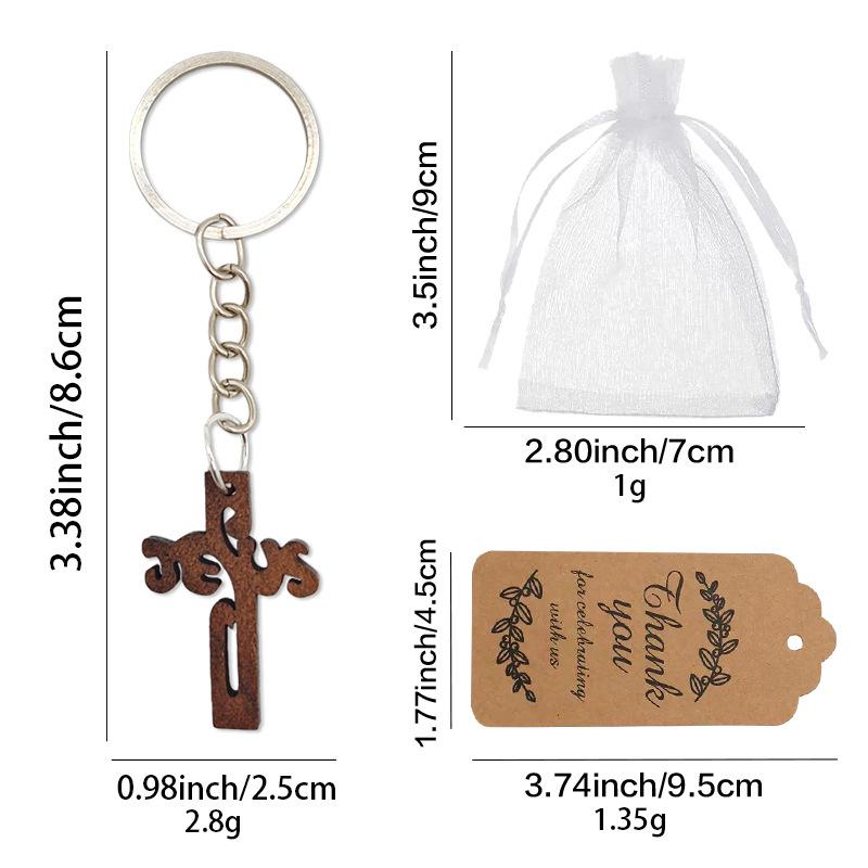 Wooden cross keychain party gift kraft paper label and organza bag christening gift