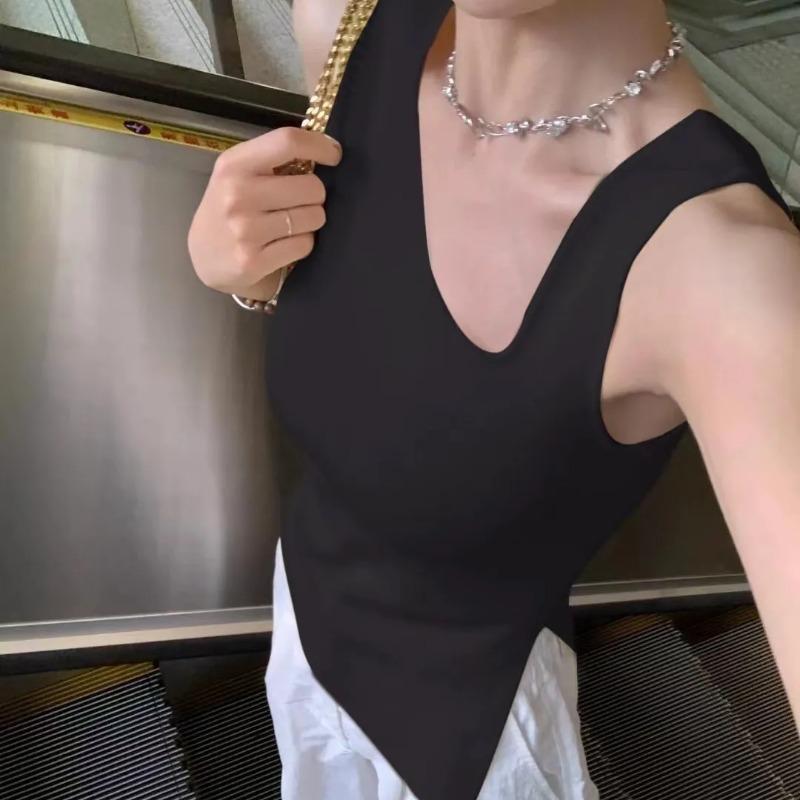 

Women s Summer V Neck Ribbed Knit Tank Top Asymmetric Hem Slim Tee OneSize чорний