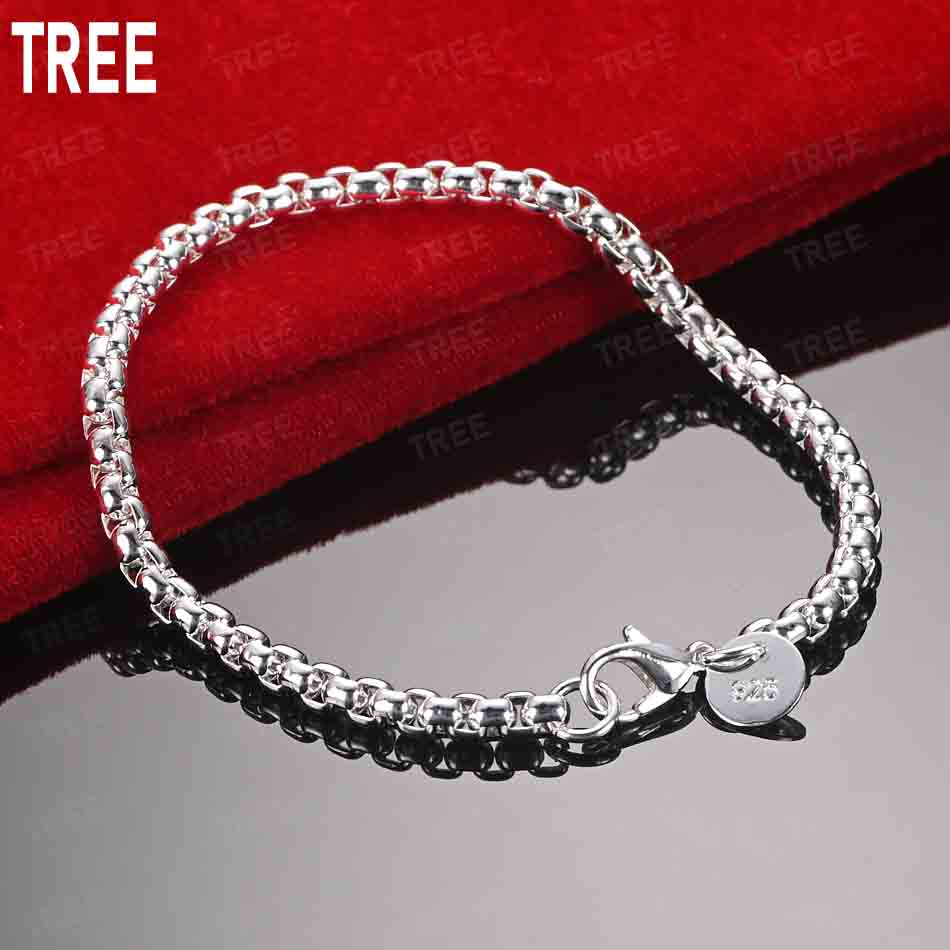925 Sterling Silver 4mm Side Chain Beautiful Bracelet Gift Jewelry 20CM
