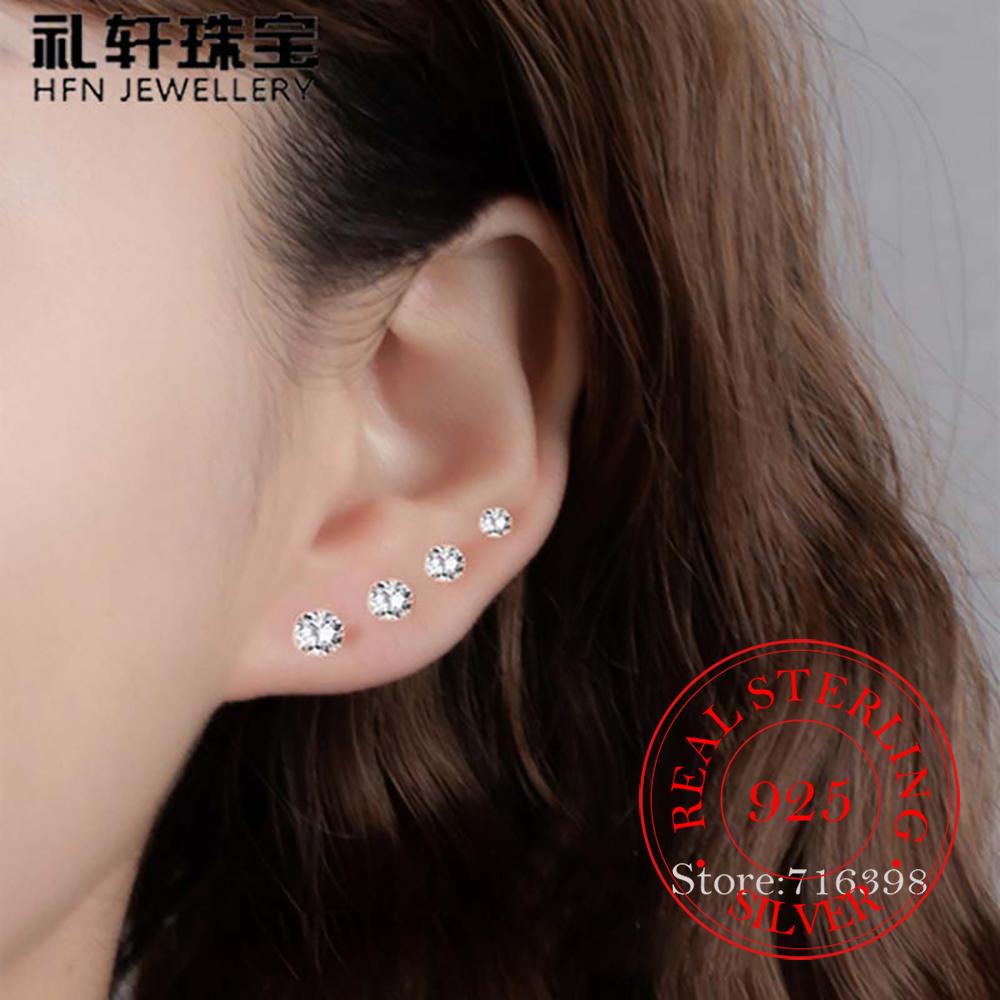 100% Real 925 Sterling Silver Round Crystal Stud Earrings for Women Fashion Piercing Jewelry Women's Party Wedding Gift