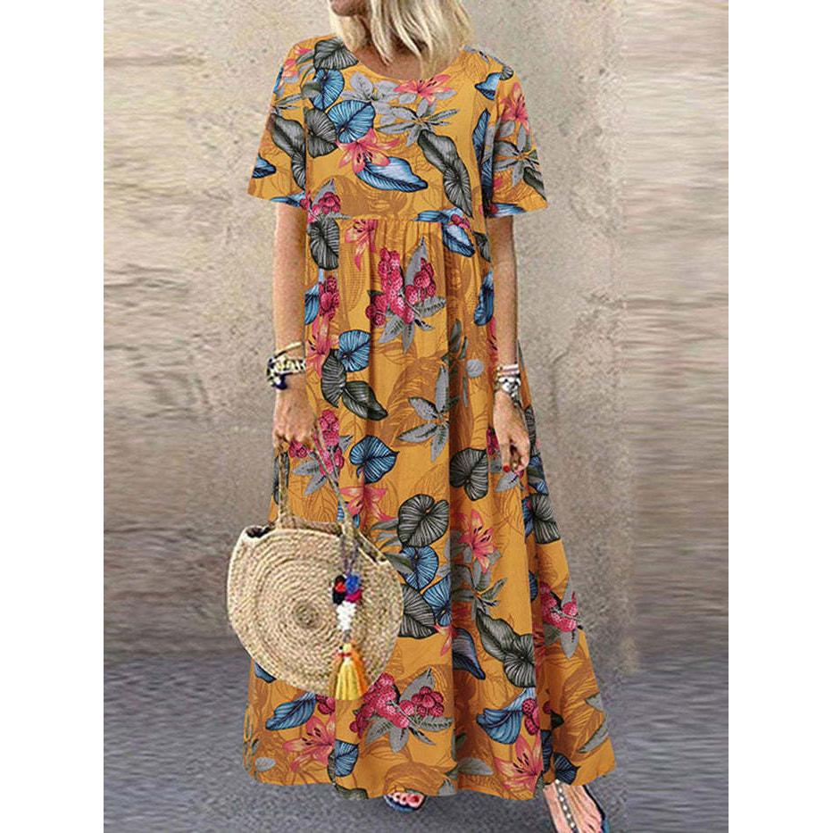 Elegant Party Dresses Women's Elegant Long Dress Loose Round Neck Short Sleeves Retro Printed Casual Women's Long Dress
