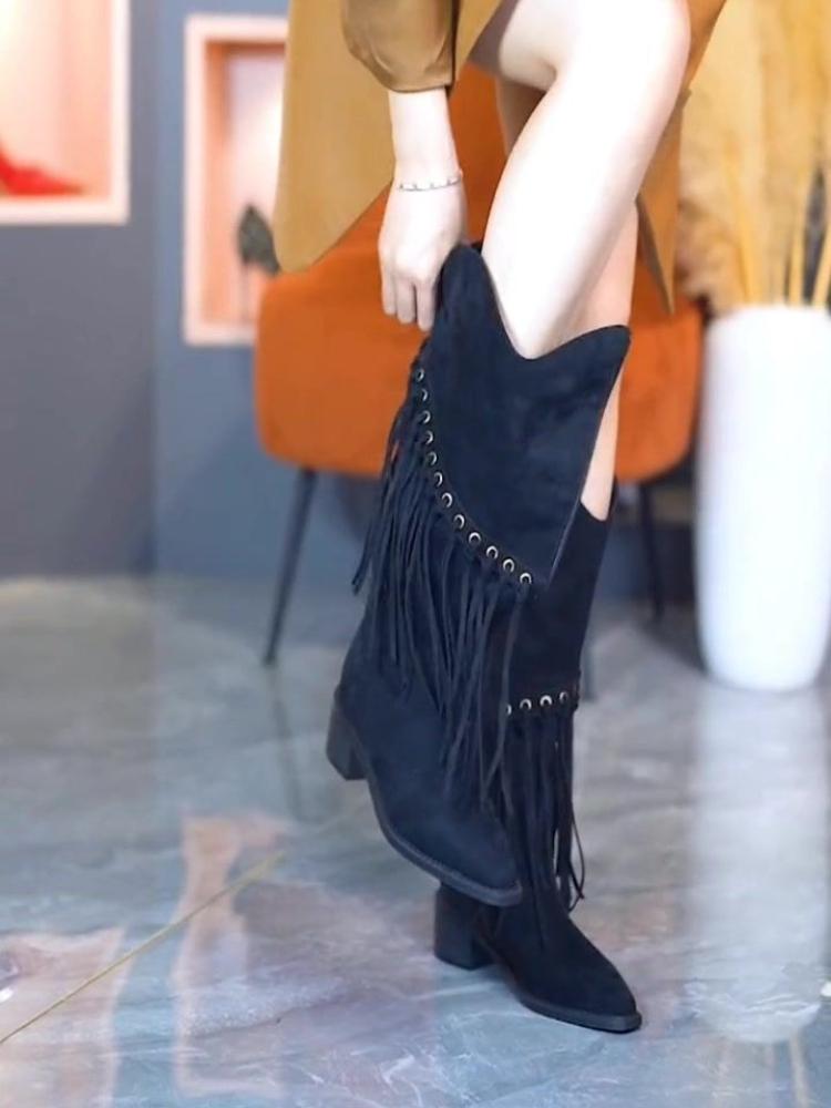 Fashion Autumn Winter Long Boots for Women Pointed Toe Middle Heel Knee High Shaft Shoes Woman Gyaru Demi-season Gothic New Rock Boot