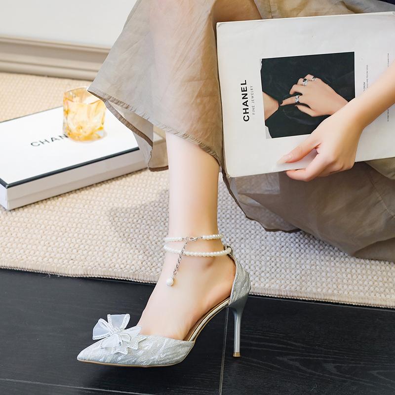 

Fashion Spring Pointed Toe Party Woman Wedding Shoes Bride Bow Thick Heel Silver Sequin Fairy Fashion Style Single Shoes Zapatos Mujer 42