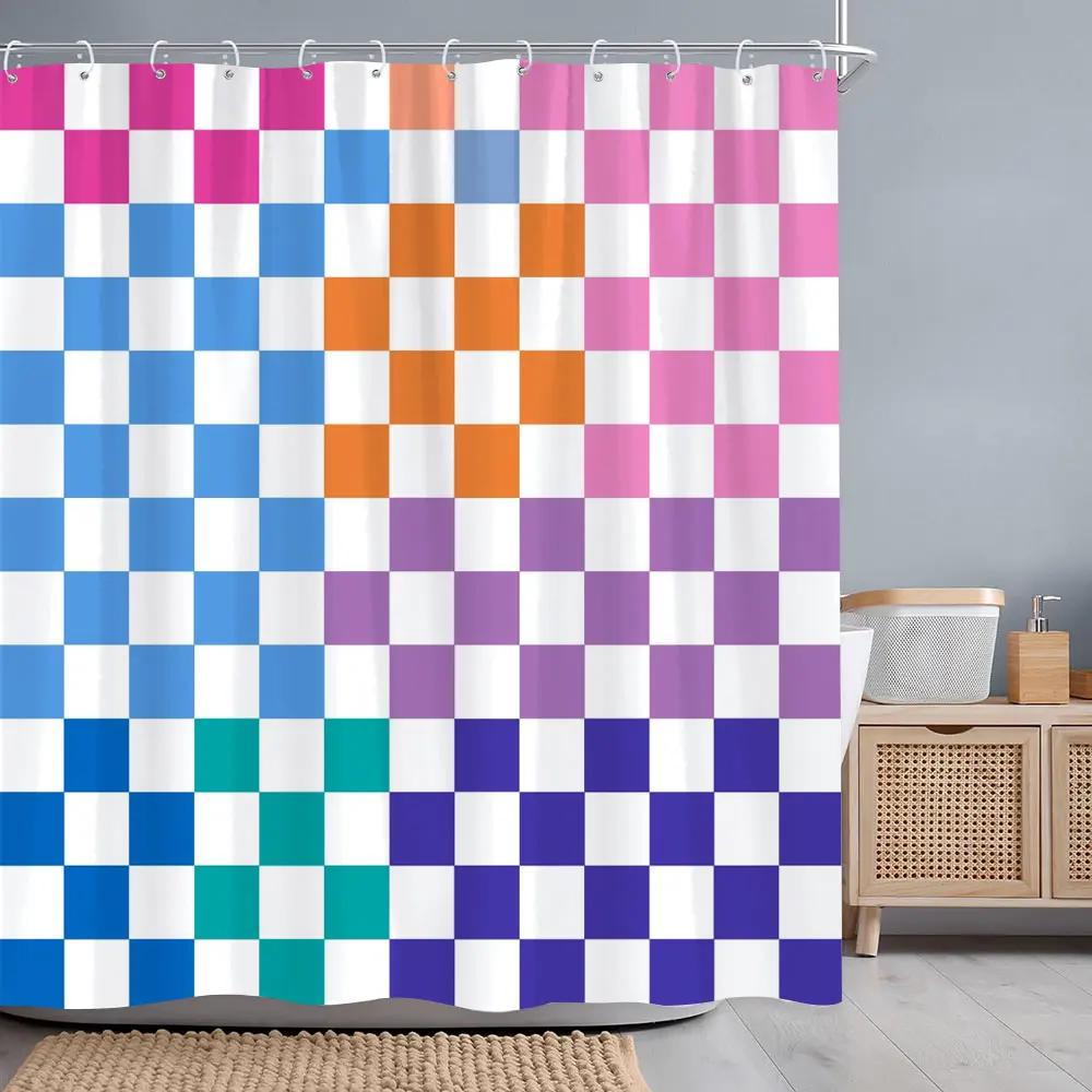 Abstract Geometric Line Square Graphic Shower Curtain Colourful Grid Polyester Fabric Shower Curtains Bathroom Decor with Hooks