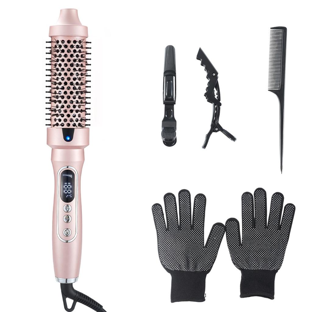 Infrared Ceramic Glaze Electric Hair Brush with LCD Display, Multi-temperature Setting for Bangs Inner Curl Fluffy Hairstyle
