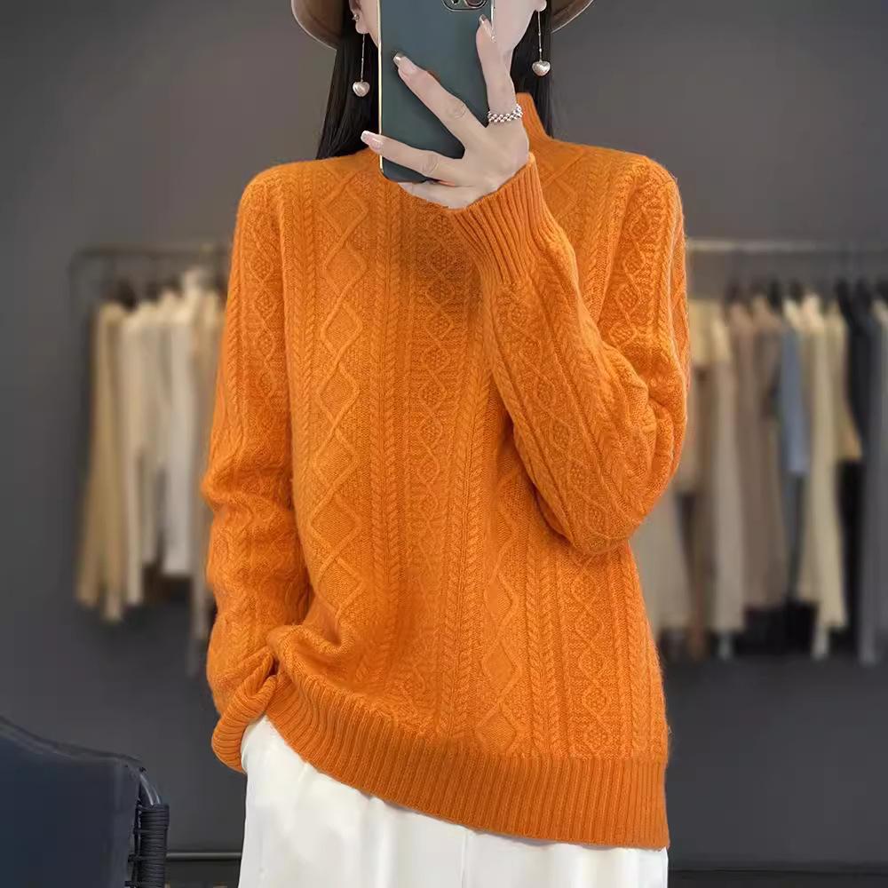 Solid Colour Half High Neck Threaded Stranded Flower Top Women's Pullover Knitted Sweater Tide