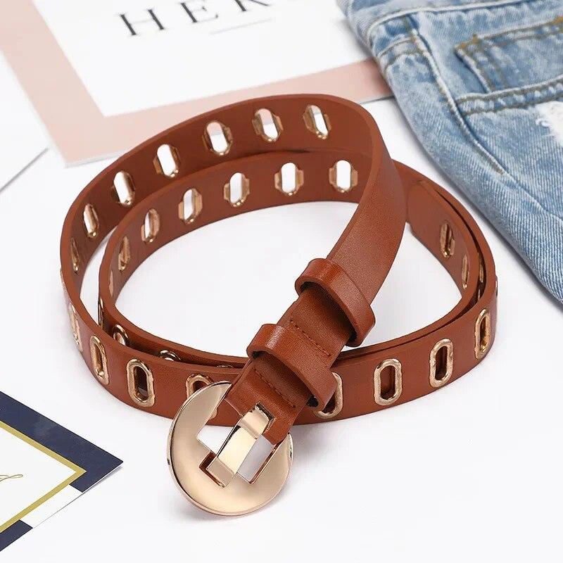 Fashionable Belts Gold Color Buckle Large Rivet Belt Hole Belt Trendy Jeans Belt Woman's Apparel Accessories