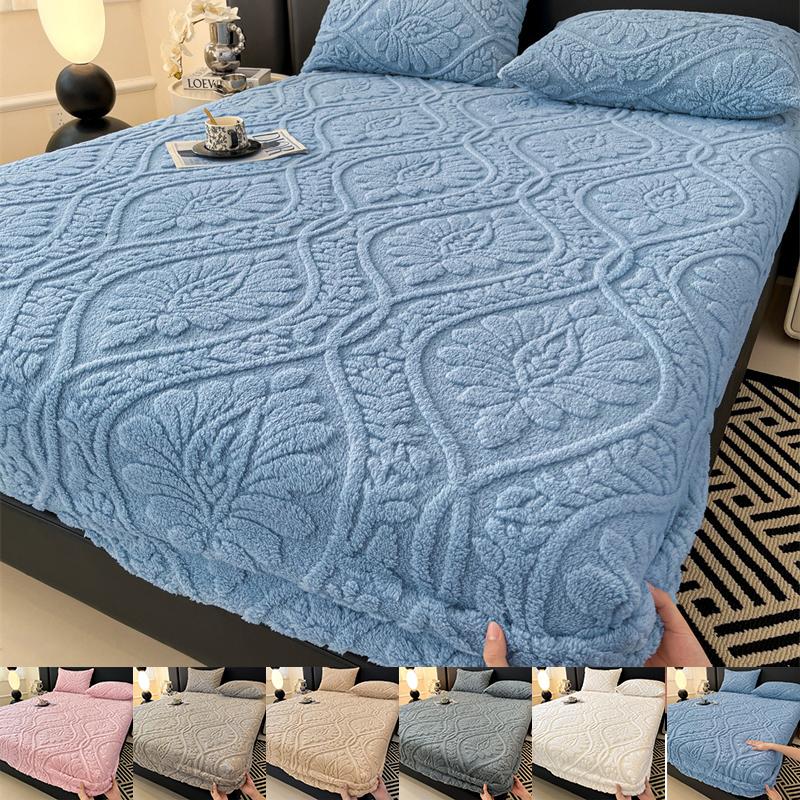3Pcs Carved Velvet Fitted Bed Sheet With Elastic Band Milk Velvet Mattress Cover Fleece Mattress Protective Cover