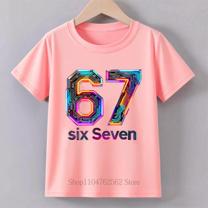 

Children s Clothing Six Seven Print T-shirt Summer Girls Boys Punk Casual Fashion Tops Kids Colorful O-Neck Short Sleeve T-shirt 150cm рожевий