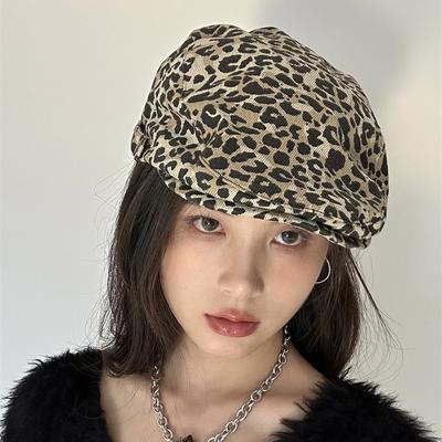 Retro Leopard Berets for Women Girl Korean Y2K Beret Cap Fashion Personality Vintage Painter Cap Casual Sunshade Forward Cap Vintage Painter Cap