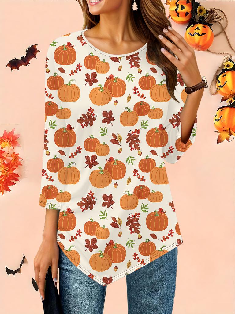 Løstsittende dame-t-skjorte med rund hals og trekvart erm. 3D Halloween-mønster. Ideell Halloween- og julegave.