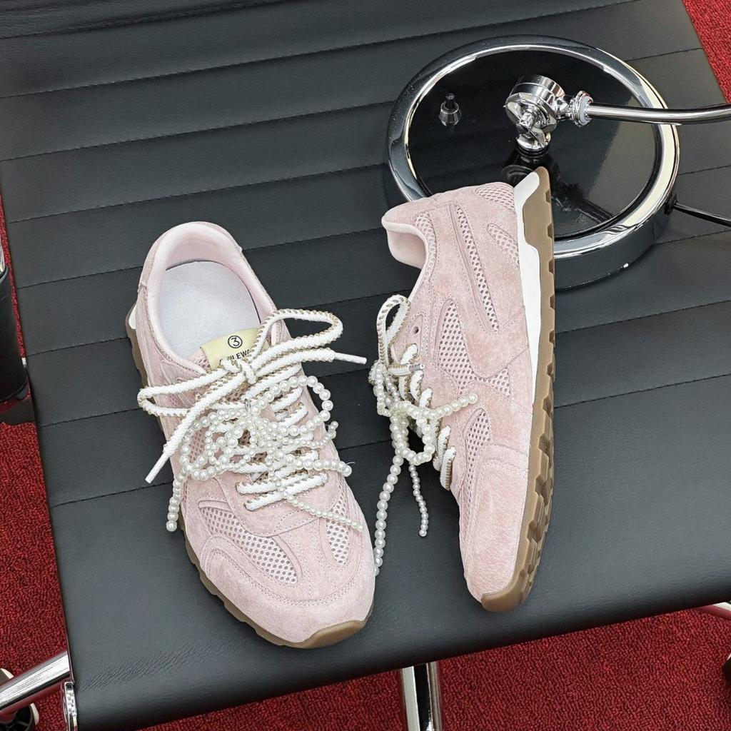 Retro Casual Shoes Mesh Leather German Training Shoes Women's 2025 Spring New Breathable Pearl Casual Fashion Forrest Gump Shoes