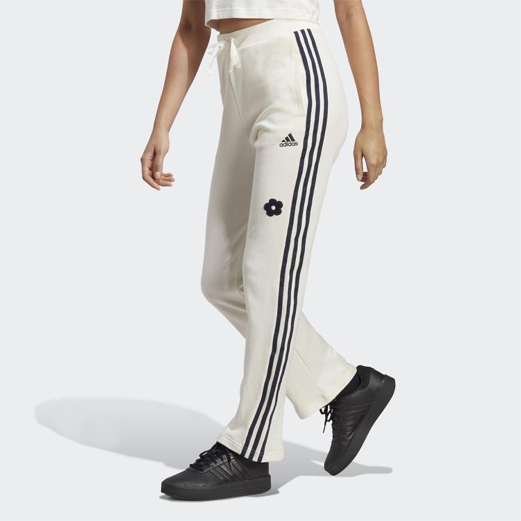 Adidas Striped Print High-Waisted Straight Leg Track Pants Women Bottoms White IC8697