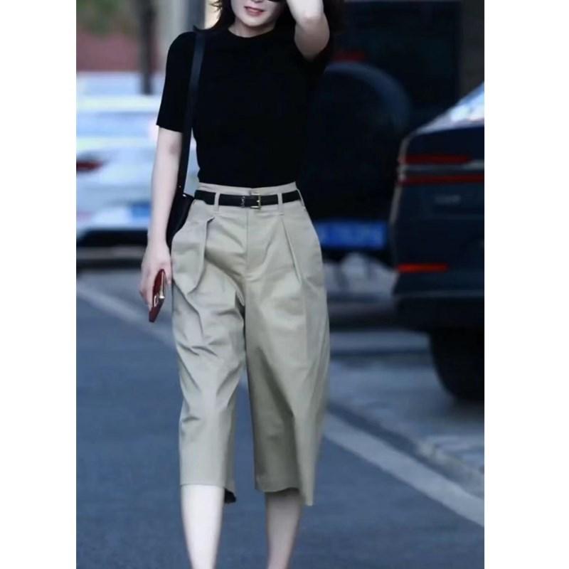 Women Summer Casual Thin Cropped Pants Loose and Slim High Waist Temperament Pants