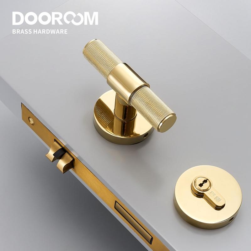 Dooroom Brass Door Lever Set Modern Knurled T-bar Interior Bedroom Bathroom Double Wood Door Lock Set Dummy Knob Hidden Door