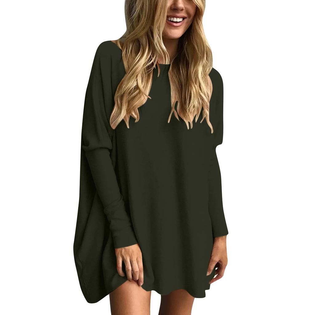 Women's Casual Fashion Color Long Sleeve O-Neck Pullover Medium Length Top