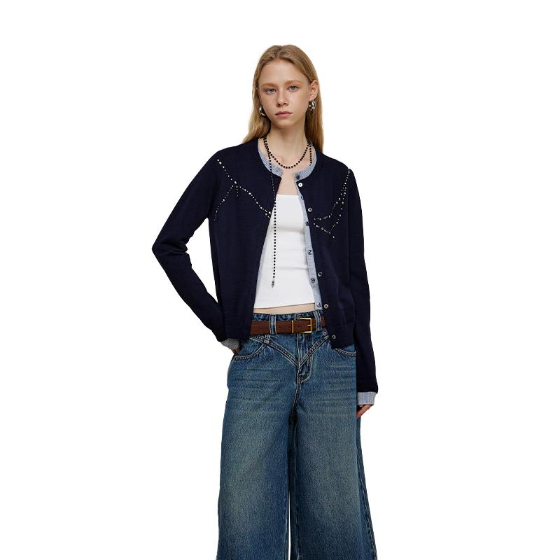 GREEN BELT Women's Faux Two-Piece Rhinestone Knit Sweater