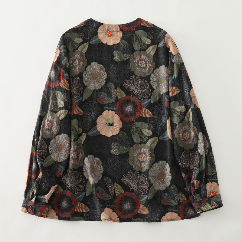 Autumn 2025 Artistic Retro Floral V-Neck Shirt: Cotton Linen, Age-Reducing, Plus Size, Casual