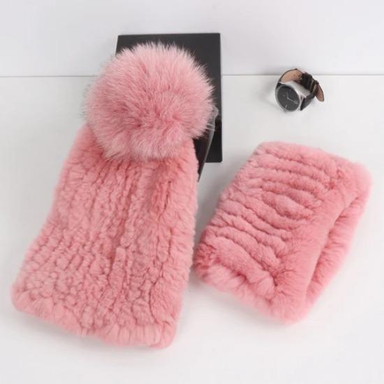 New Fashion Knitted Good Elastic Real Fur Scarf Hat Sets Women Winter Warm Natural Rex Rabbit Fur Scarves Hats Sets