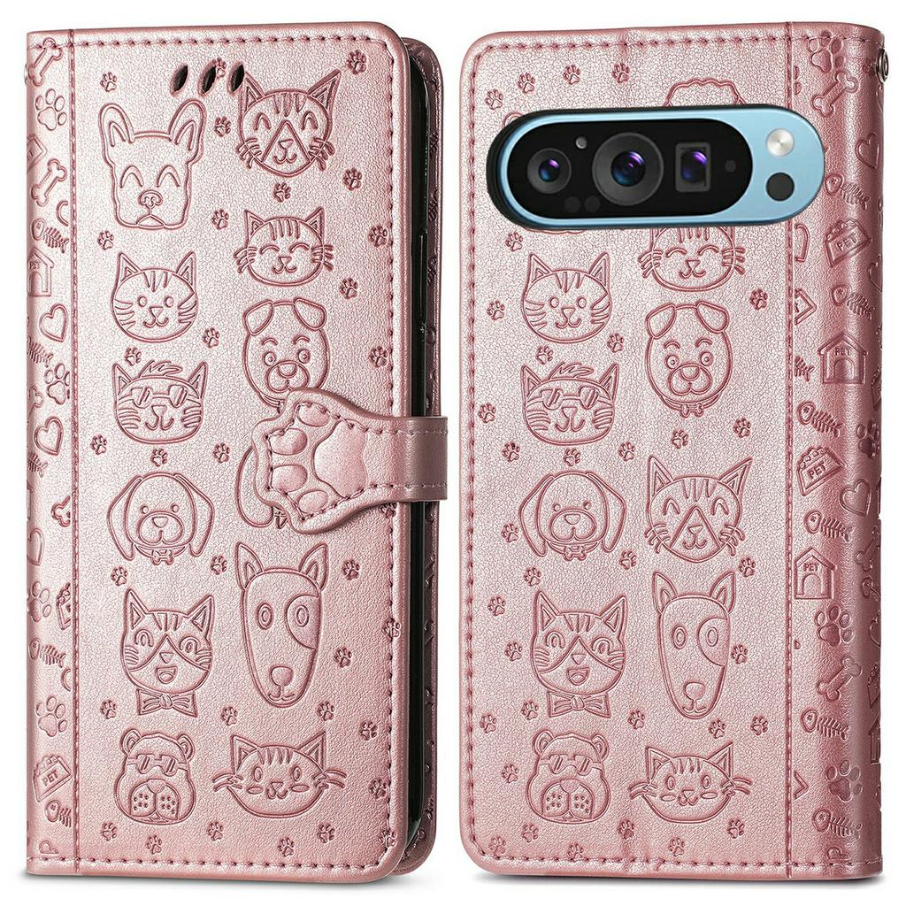 For Google Pixel 10 Pro XL/9 Pro XL Case Leather Wallet Flip Phone Cover Cute Cat Dog Pattern
