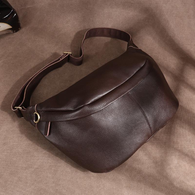Large Size Men's Top Layer Cowhide Chest Bag, Retro Sports Bag, Genuine Leather, Large Capacity Tree Cream Leather, Single Shoulder Crossbody Bag