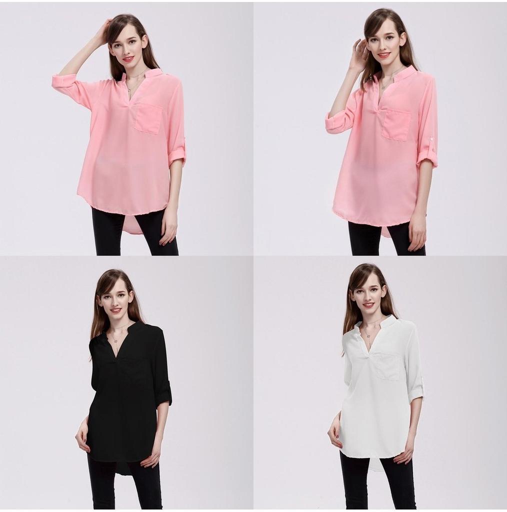 Stylish Chiffon Blouses For Women Loose Fit V-neck Shirts With Long Sleeves Perfect For Office And Casual Wear In Spring