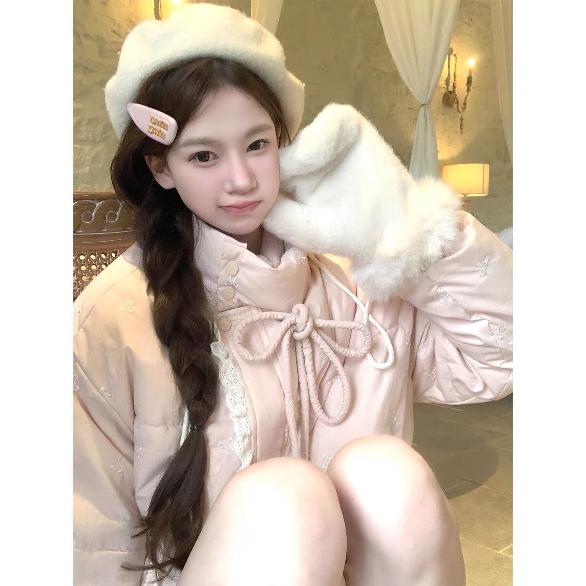 

Пуховая хлопковая одежда Зимняя Короткая Новая Маленький бантик Хлеб Теплая куртка S розовый