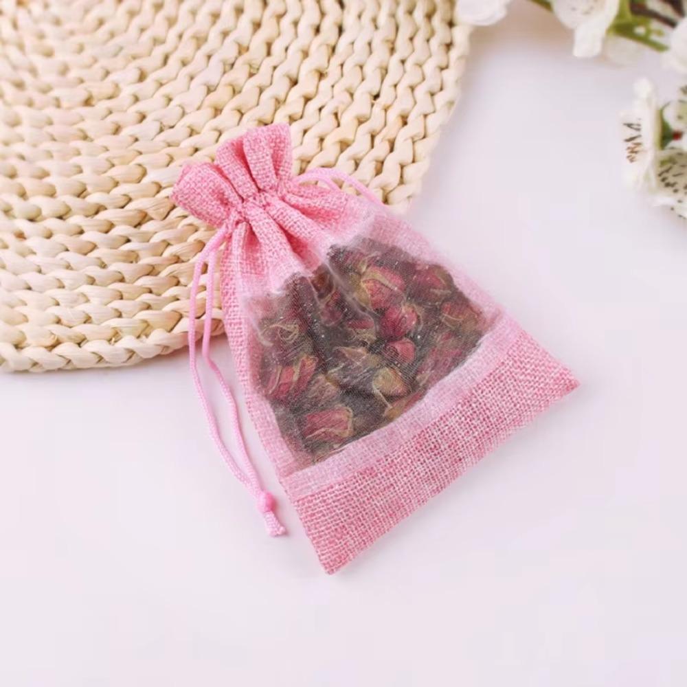 

10 шт./лот Мешочек для хранения из органзы с окошком и кулиской, Джутовый подарочный мешочек для косметики, свадебных конфет розовый