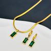 1Set Stainless Steel Rectangle Green  Zircon Pendant Necklace Earrings For Women  Party Jewelry Set