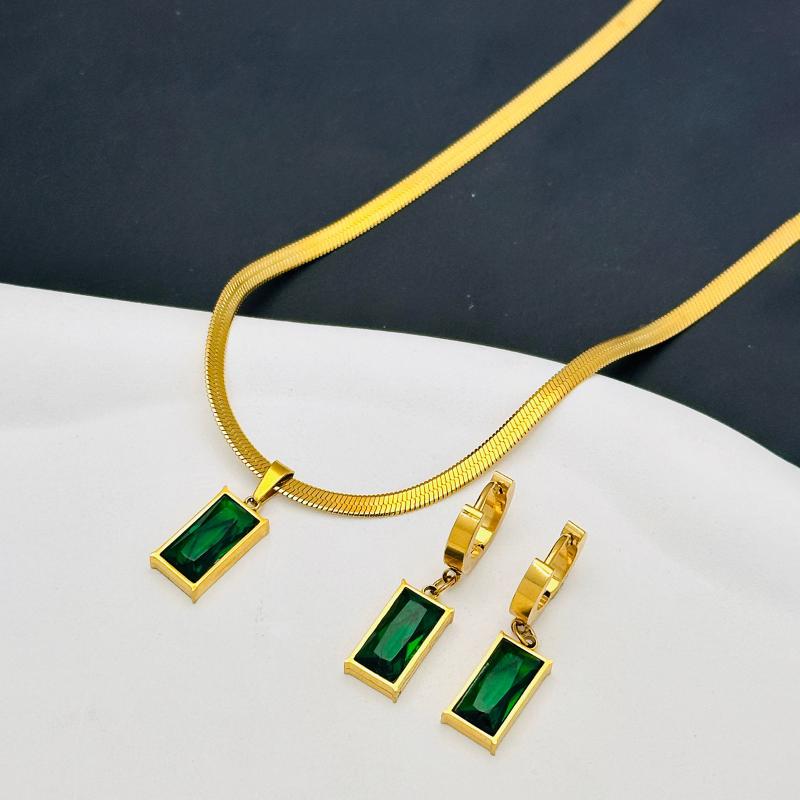 1Set Stainless Steel Rectangle Green Zircon Pendant Necklace Earrings For Women Party Jewelry Set