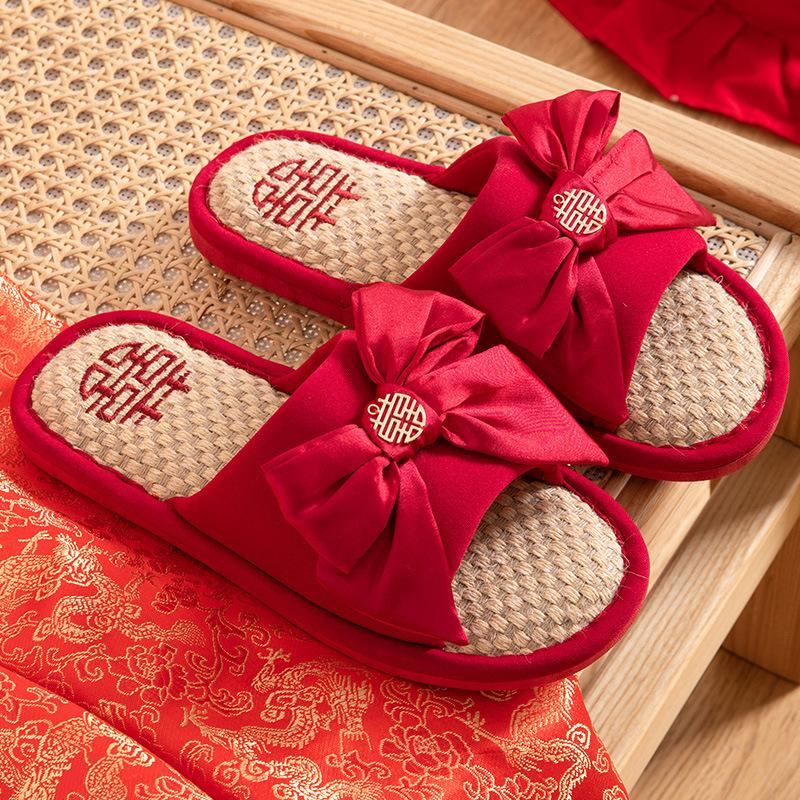 Wedding slippers festive bow big red pair of four seasons linen couple newlywed bride dowry slippers