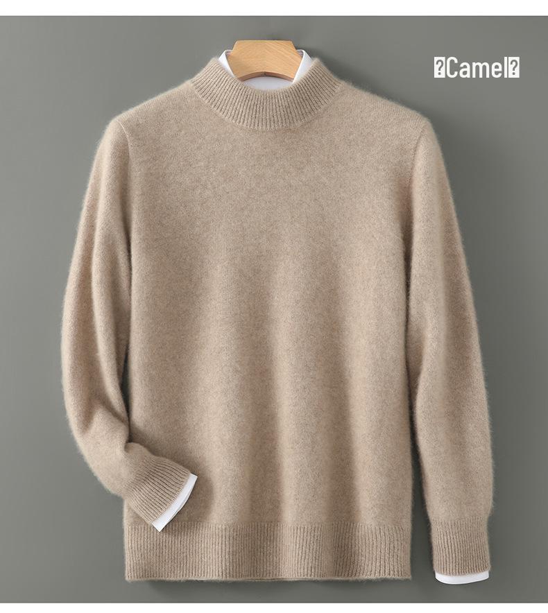 Men's Half-High Collar 100% Pure Wool Sweater - Thickened Loose Knit Pullover for Autumn/Winter
